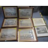 A framed and glazed set of six coloured prints of military and coastal harbour scenes, a coloured