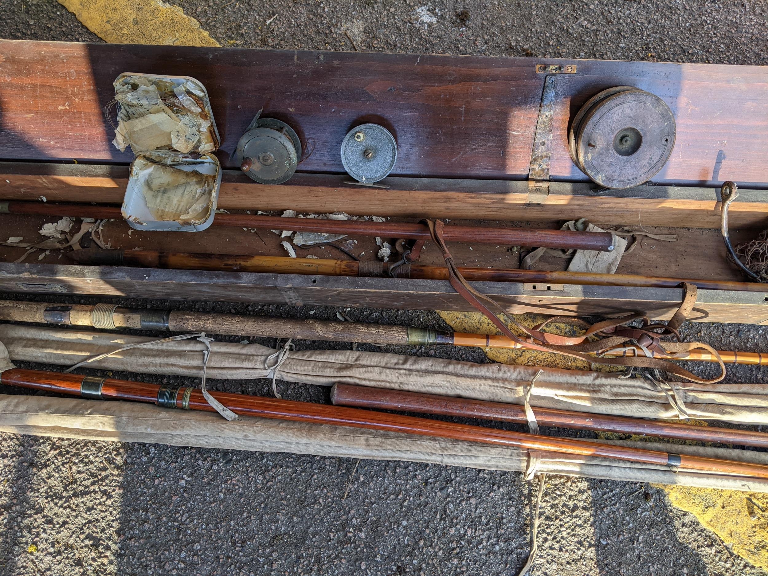 Vintage fishing related items to include rods, fishing reels, a faff and other items in a box - Image 2 of 3