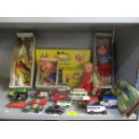 Three Pelham puppets, Pluto, Pinky and Perky, boxed, a group of diecast toy cars to include a