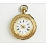 A late 19th/early 20th century ladies manual wind 14k cased fob pocket watch, having a white