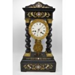 A 19th century French portico mantel clock, the ebonized case inlaid with brass, enamel and mother