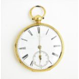 A late 19th century 18ct gold cased, key wound, open faced pocket watch having a white porcelain