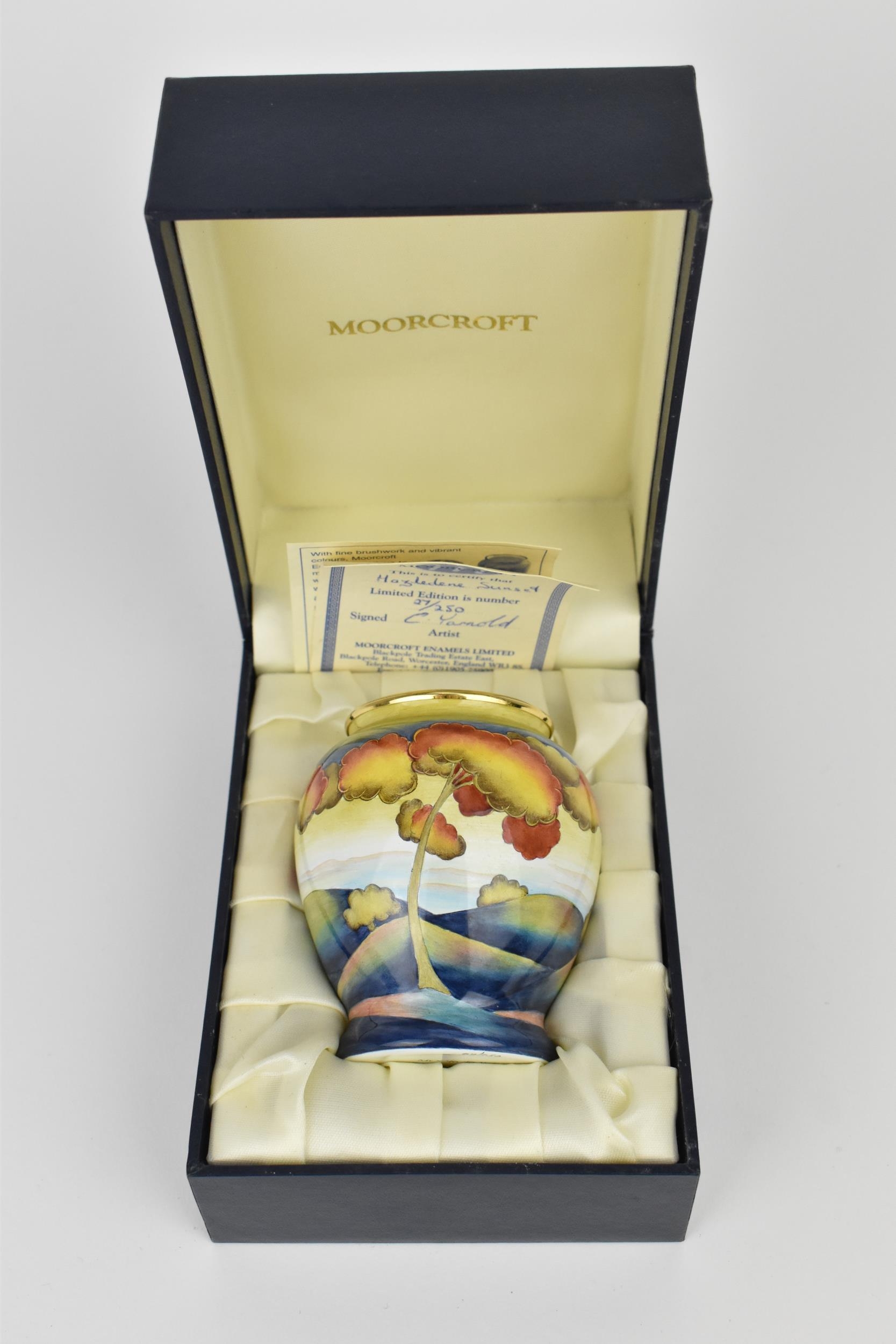 A limited edition Moorcroft Enamels Ltd miniature baluster vase in the 'Hazledene Sunset' by Carol - Image 5 of 5