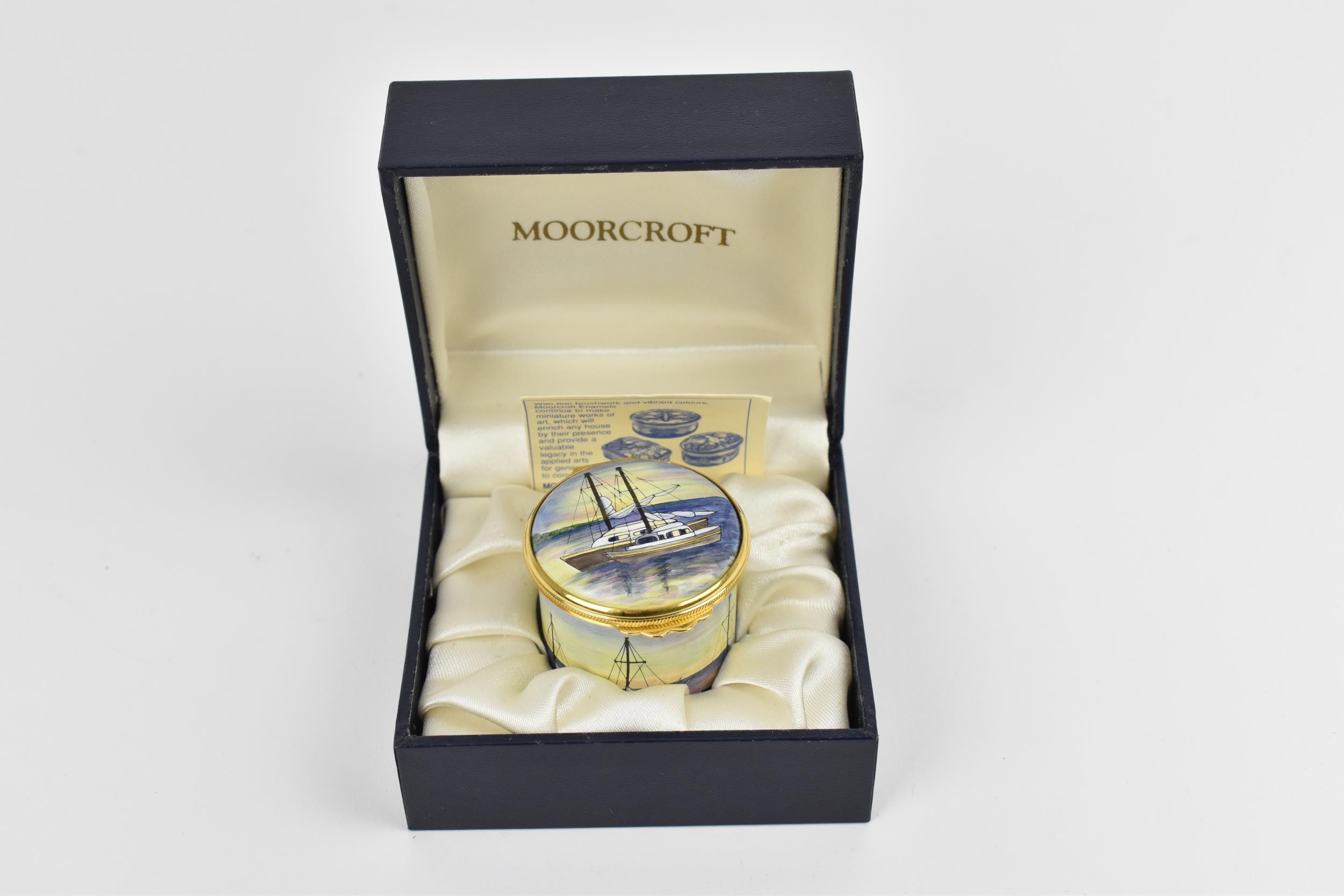 A Moorcroft Enamels Ltd box with hinged lid, the nautical pattern with boats in a harbour, - Image 3 of 4