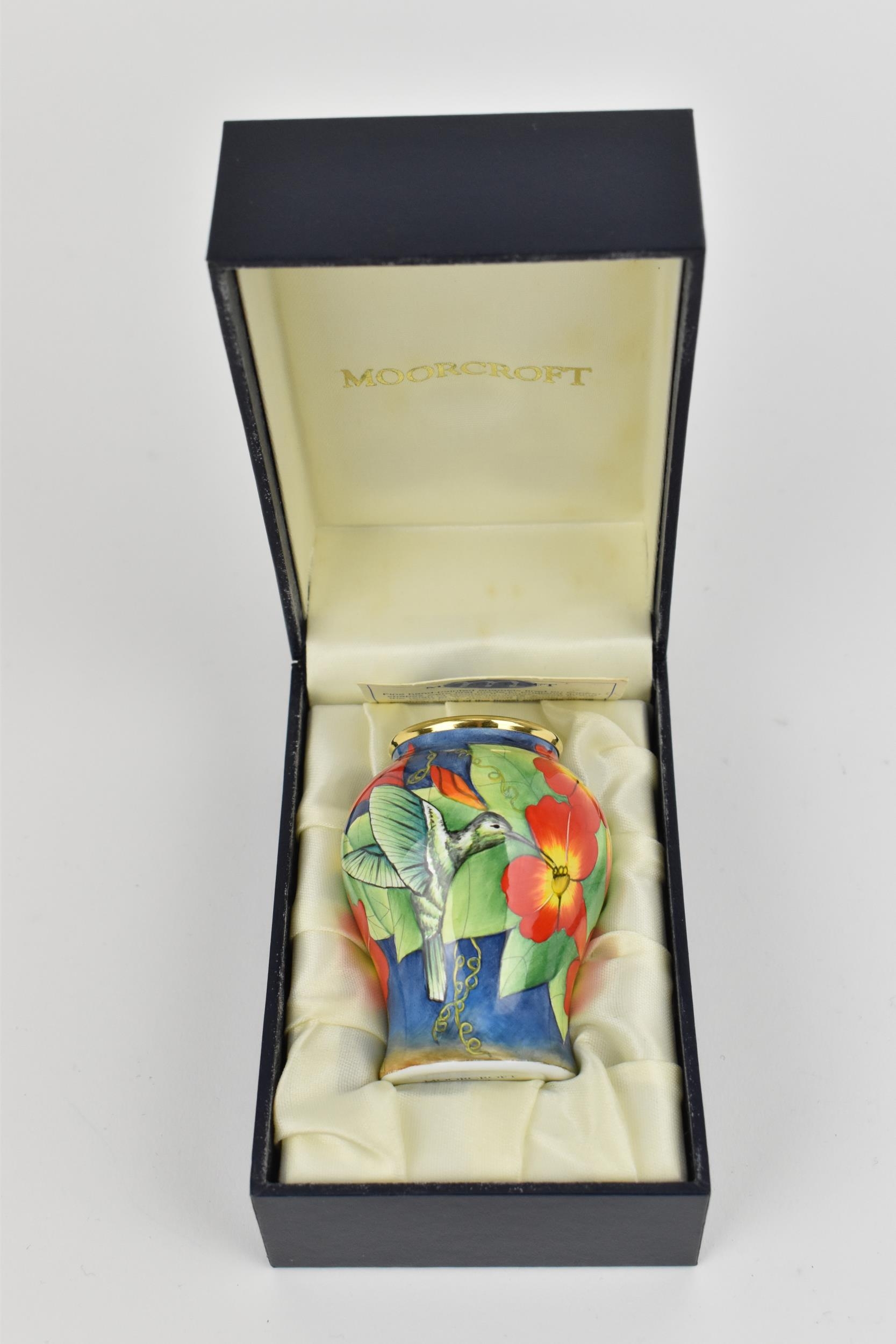 A Moorcroft Enamels Ltd miniature baluster vase, painted by Faye Williams with hummingbirds drinking - Image 3 of 4