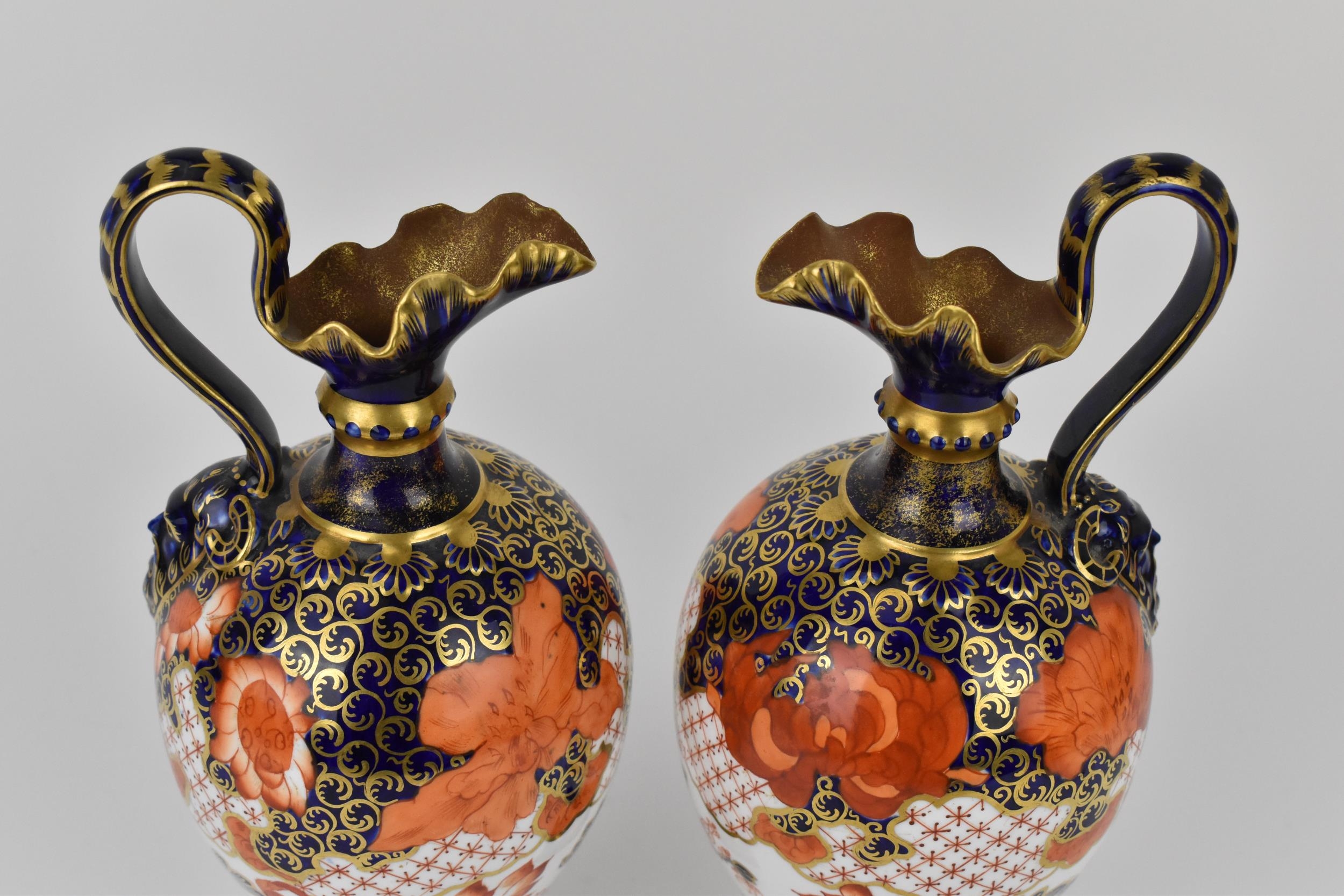 A pair of Royal Crown Derby ewers in the imari pattern, shape no. 350, with ovoid bodies, frill rim, - Image 2 of 5