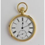 A Victorian 18ct gold open-faced pocket watch having Roman numerals with blued hands and