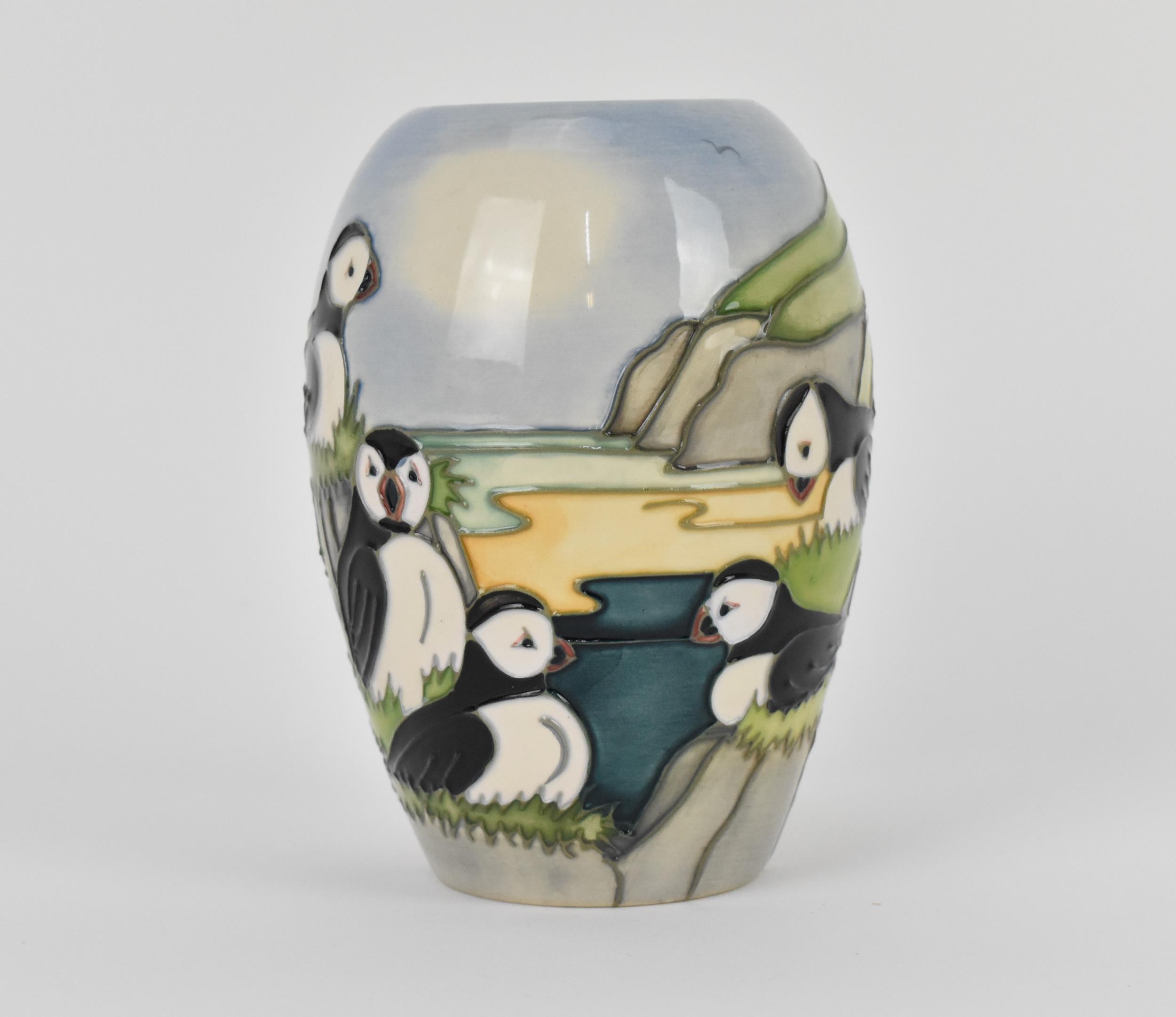 A Moorcroft ceramic baluster vase in the 'Puffin' pattern designed by Carol Lovett, 1997, with - Image 2 of 4