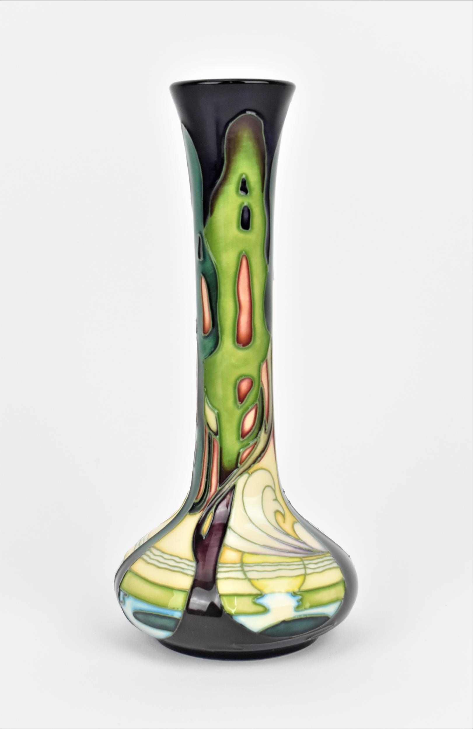 A Moorcroft pottery 'New Dawn' pattern vase by Emma Bossons, shape 99/8, with long neck and