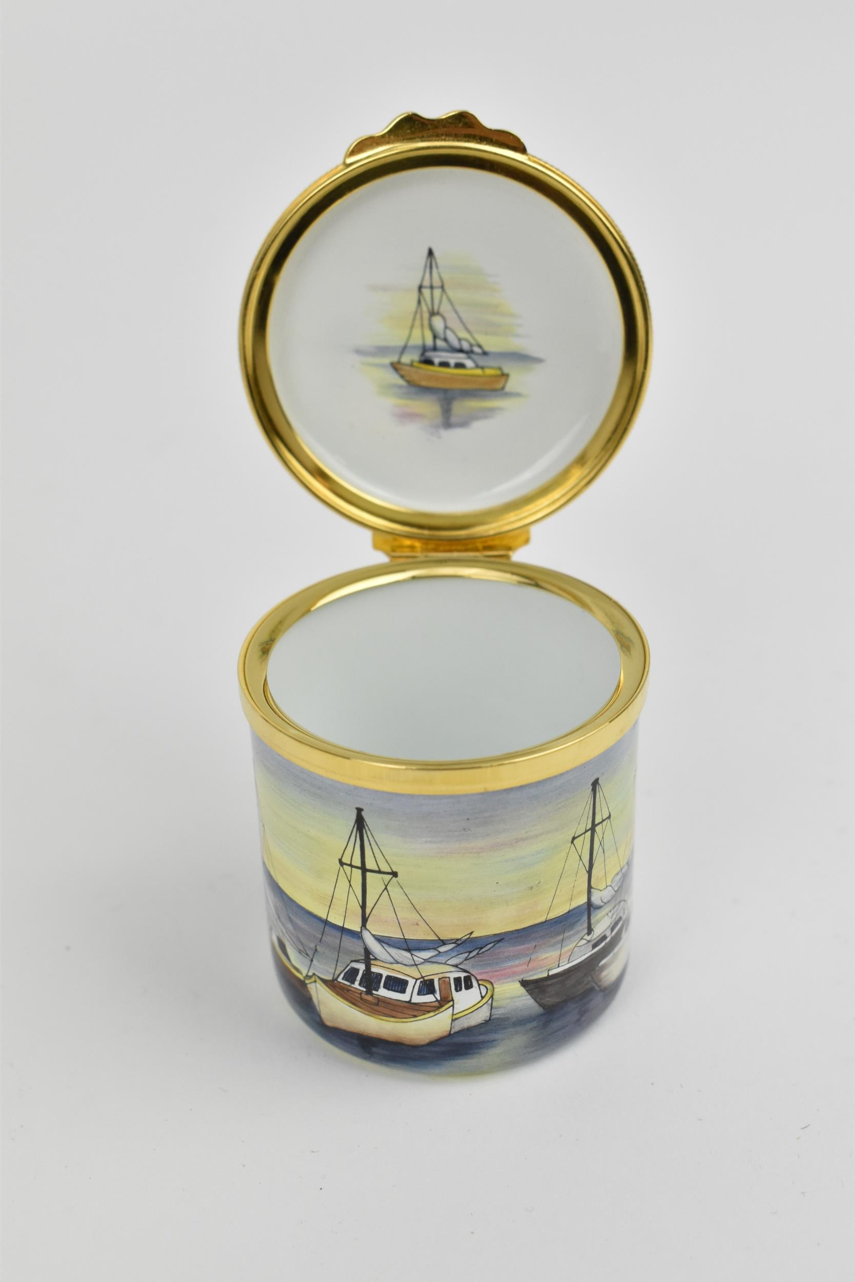 A Moorcroft Enamels Ltd box with hinged lid, the nautical pattern with boats in a harbour, - Image 2 of 4