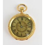 A late 19th century 18ct gold cased fob watch having a floral decorated dial with Roman numerals and