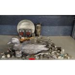 A mixed lot of pewter and other model animals to include Ducks, elephants, fox and others,