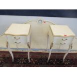 A pair of vintage French style bedside tables, together with a matching headboard Location: