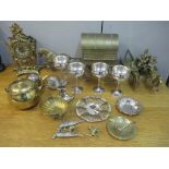 A mixed lot to include an ornate brass mantel clock, silver plate and mixed brassware Location: