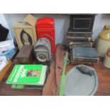 A mixed lot to include a telephone, a roadworks lamp, boxes, split-cane fishing rod, engraved pewter
