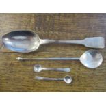 Silver spoons to include an Elizabeth II silver modernist honey spoon, London 1998, makers mark DTR,