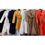 A collection of modern Italian polyester mix lightweight ladies coats having waterfall necklines and