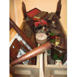 Two ammunition boxes with rope handles and contents to include mixed tins, razors and woodworking