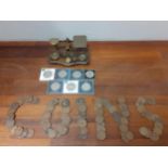 A vintage set of postal scales, commemorative crowns and old pennies Location: