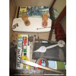 A mixed lot to include a watercolour set, brushes, a Victorian mirror, two treen bugs, two cameras