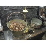 Mixed metal ware to include a Victorian pan, bucket and fireside implements Location: