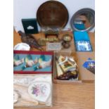 A mixed lot to include brassware, bellows, boxed flying duck wall plaques, a brush set, a flying