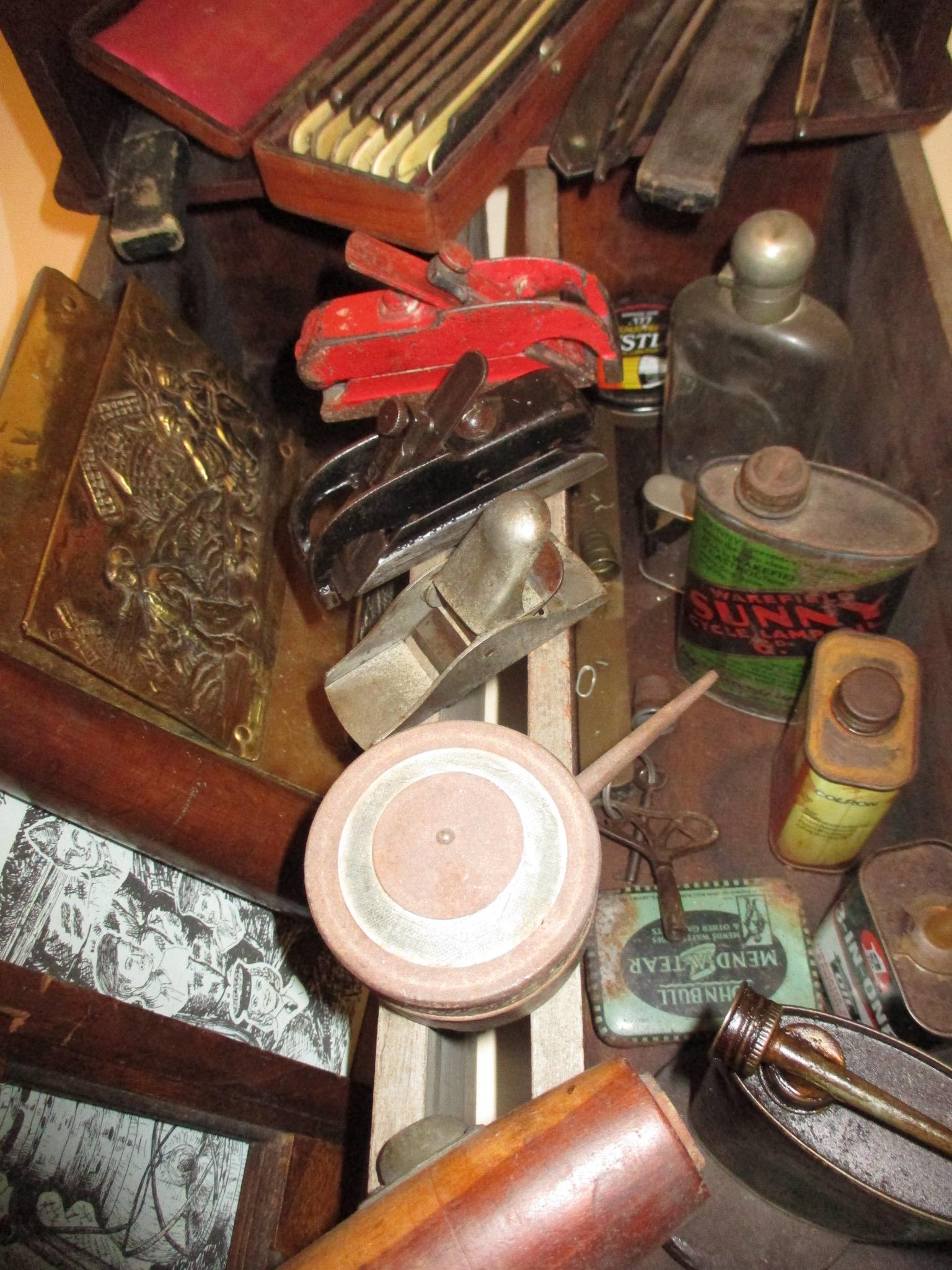 Two ammunition boxes with rope handles and contents to include mixed tins, razors and woodworking - Image 2 of 2