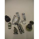 Miscellaneous brass weights, a Metropolitan Police whistle, air pistol and other items Location: