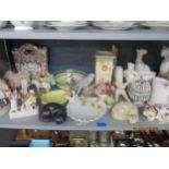 A mixed lot of ornaments to include Victorian and later Staffordshire pottery figurines, art deco