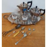 Mixed silver plate to include a four item teaset and galleried tray, together with a white metal