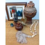 Tourist and worldwide items to include a carved pottery table lamp A/F, an oversized bead