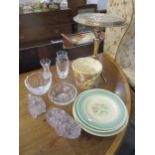 An Edwardian brass trivet stand and a selection of Stuart Fuchsia pattern crystal vases and bowls,