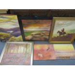 W Nims - a group of six landscape oil on canvas paintings to include one of a huntsman on