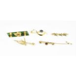 A Victorian 9ct yellow gold and seed pearl bar brooch with a trio of swallows, marked 9ct,