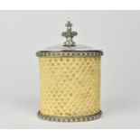 A Victorian silver plated and ivory tea caddy, of oval form with egg and dart mounts, the hinged lid