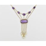 An Edwardian 14ct yellow gold, amethyst and souffle pearl necklace, the cable link chain with a