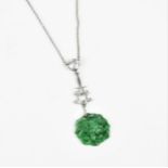 A 9ct white gold, white sapphire and jade necklace, the diamond roughly 0.30 ct, on a fine cable