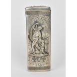 A Victorian white metal cigar case, with hinged lid, the body embossed with classical scene of the