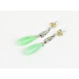A pair of Art Deco white metal, diamond and jade drop earrings, the butterfly backs stamped 750, 4.2