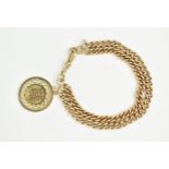 A 9ct rose gold double curb-link bracelet, with a 14ct gold Chinese character pierced roundel