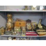 A mixed lot to include a Ronson shoe shine box and contents, lighters, clocks, and other items