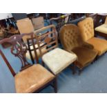 Mixed chairs to include a Georgian Chippendale style dining chair, a Victorian button back nursing