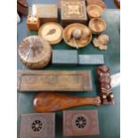 Decorative treen boxes and ornaments to include three hand carved wooden boxes made in the