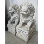 A pair of marble dogs of foe statues in seated pose holding a ball and raised on rectangular bases