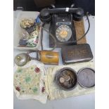A mixed lot to include a heritage telephone, a Mauchline ware box, a desk bell, Wade whimsies,