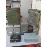 A mixed lot to include vintage filing cabinet, jerry cans and other items. Location: