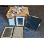 Silver plated and silver coloured photo frames, a pine box and a Victorian shell centrepiece