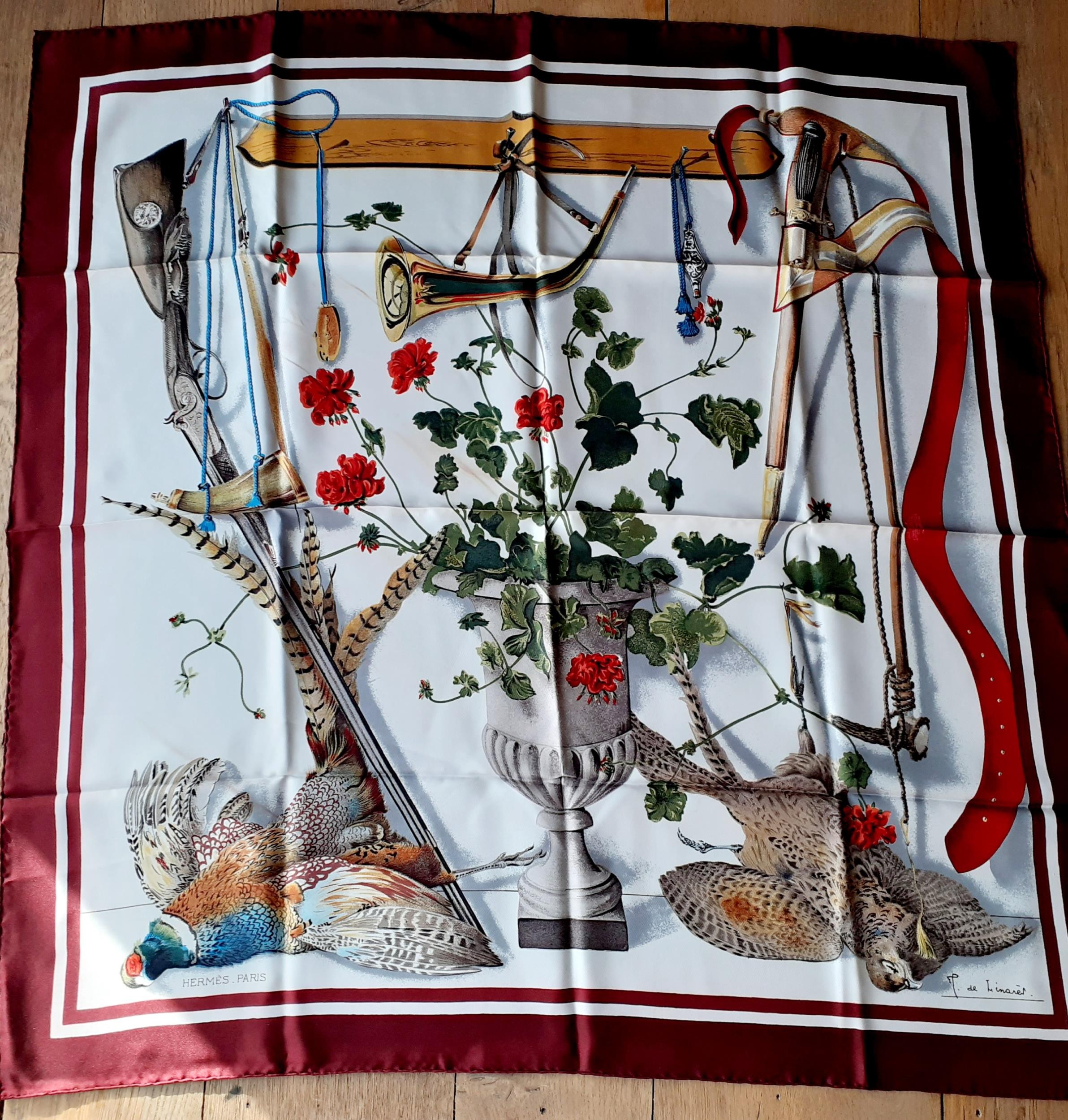 Hermes-Fleurs et Gibiers designed by Henri de Linares, a white silk scarf with brown multi borders