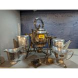 A mixed lot to include a Walker & Hall silver plated spirit kettle, together with Picquet ware and
