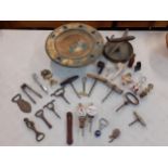 A Trench art ashtray with mounted model plane and other items of interest to include vintage cork